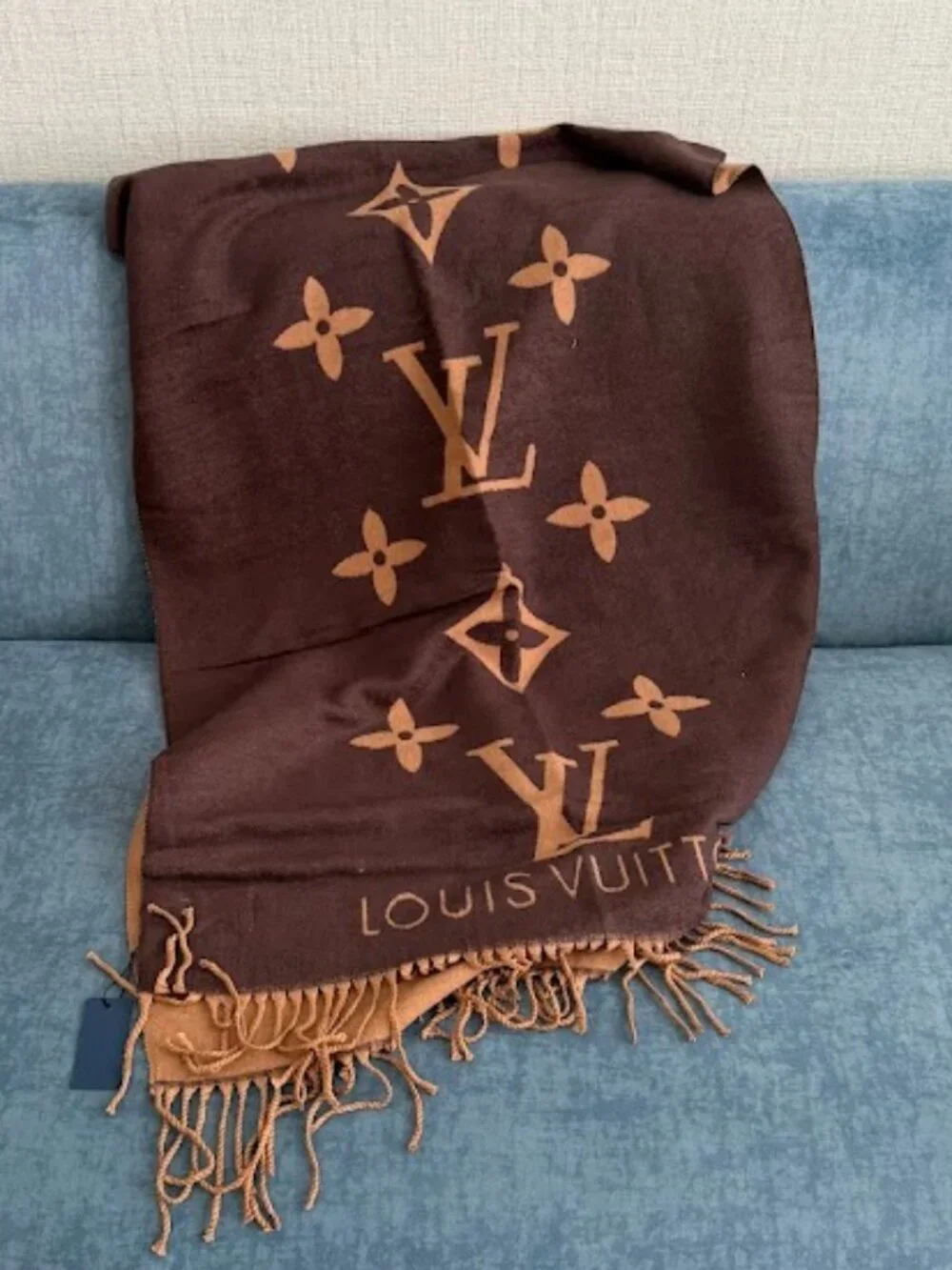 Brown Tan Reversible Monogram Oversized Scarf Shawl Wrap Fringe Luxury Style